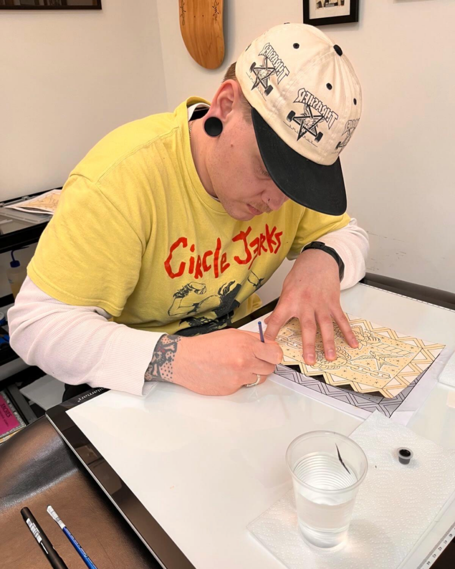 Chris sketching at Storyville Tattoo, London